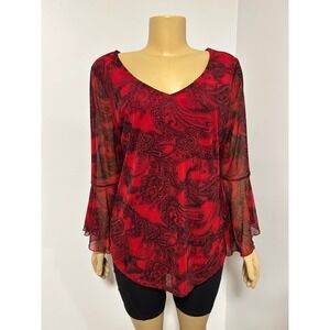 Sara Michelle Red Paisley Glitter Bell Sleeve V-Neck Blouse Large WhimsyGoth
